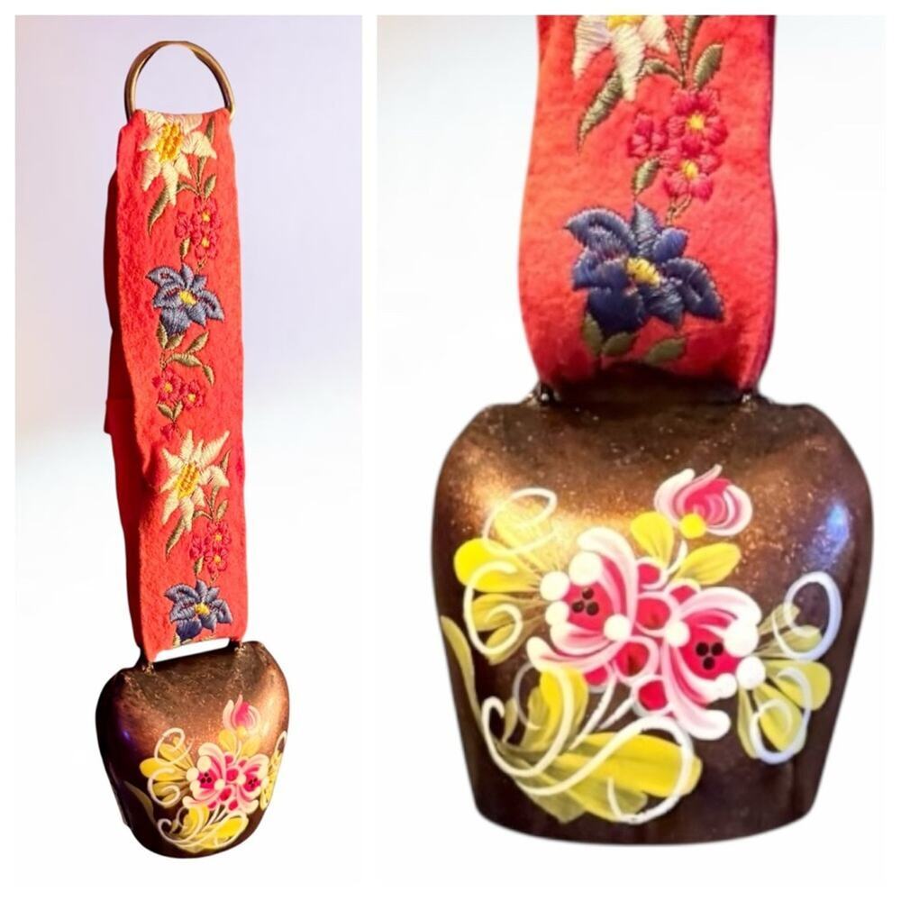 Vintage Brass Cow Bell Hand Painted Floral Embroidered Swiss Folk Art Metal 3”